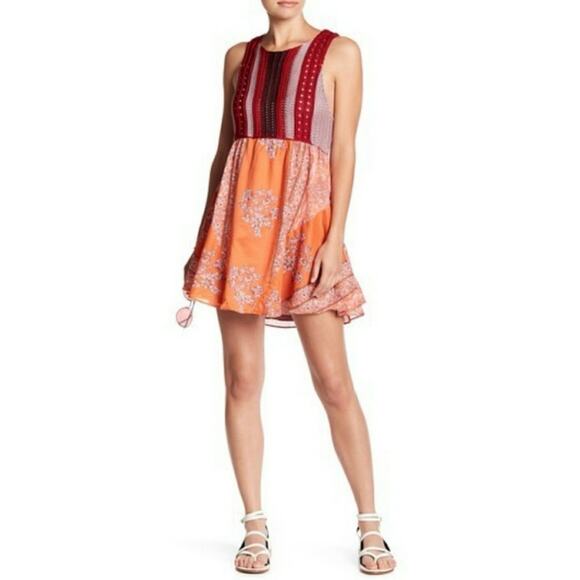 Free People Katie Crochet Mini Dress Red Pink Knit Orange Bandana Skirt Boho XS - Picture 12 of 16